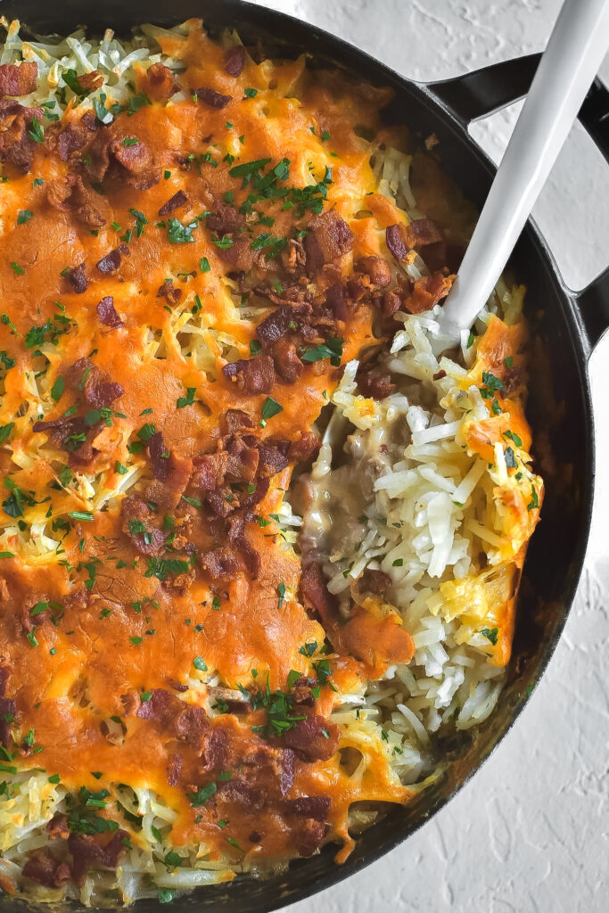 homemade cowboy casserole in a cast iron pan | thefarmstyle