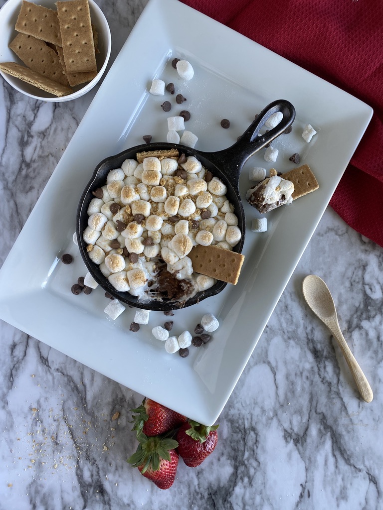 s'mores nachos in a mini cast iron skillet
