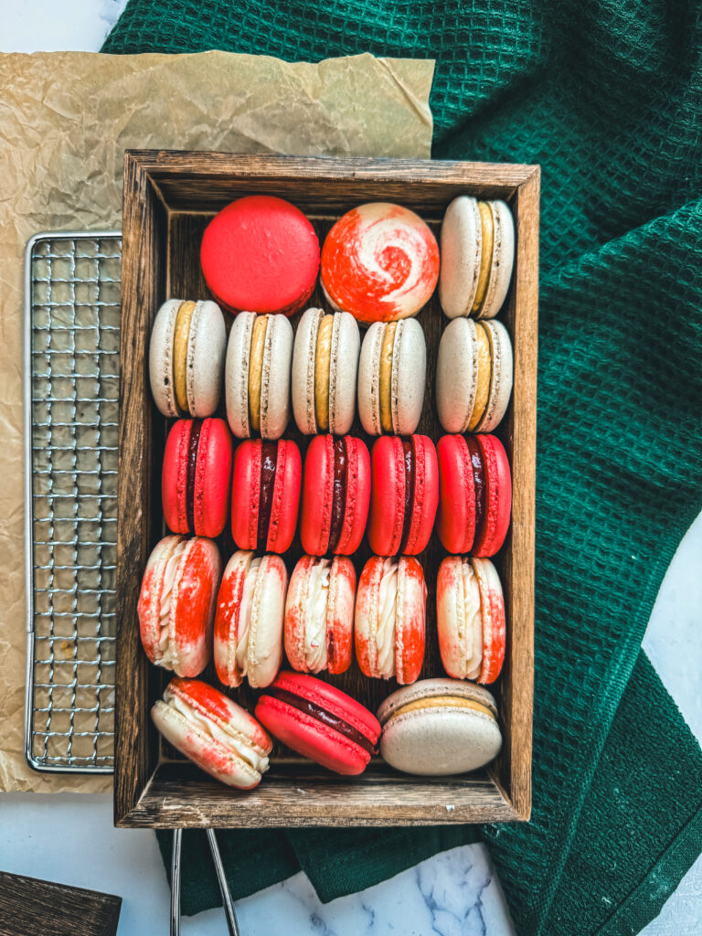 Christmas Macarons, peppermint macarons, cranberry macarons, gingerbread macarons