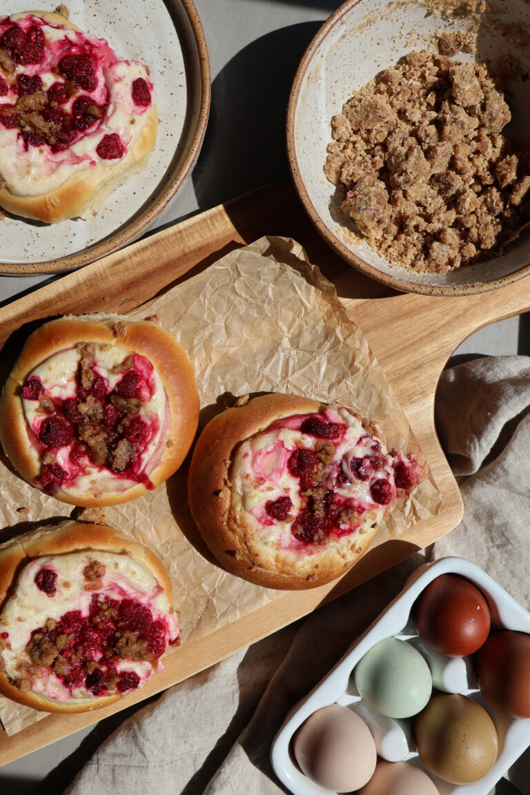 Raspberry Brioche Danishes with a Crumb Topping