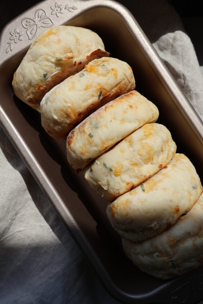 Homemade No Knead Cheddar and Chive English Muffins