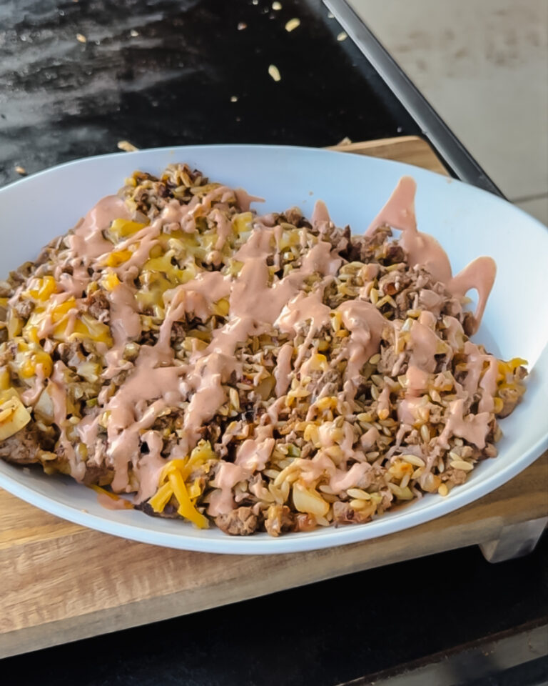 Cheeseburger Orzo on the Blackstone
