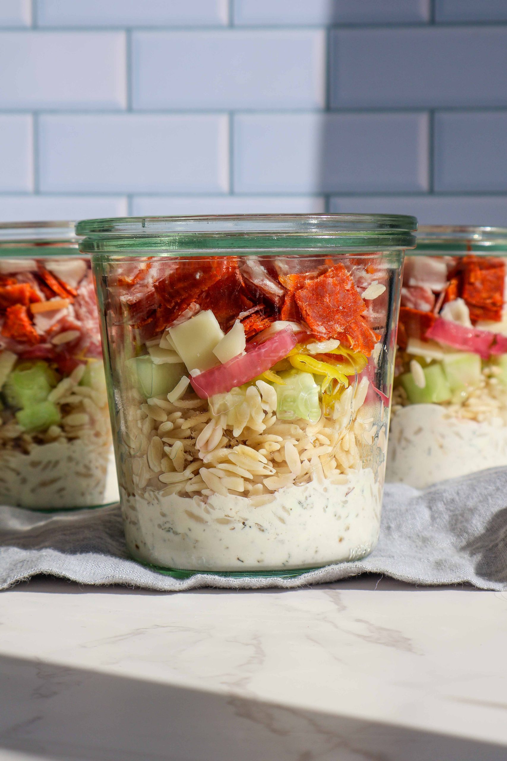 High Protein Grinder Pasta Salad in a Jar